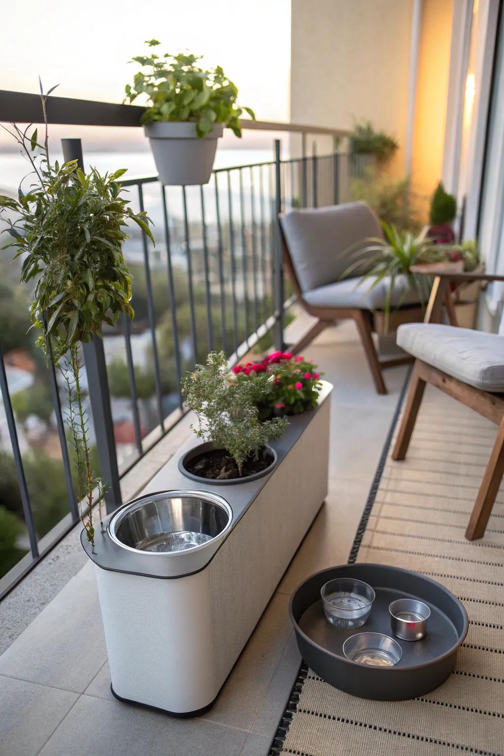 Stylish water stations keep dogs hydrated and the balcony neat.