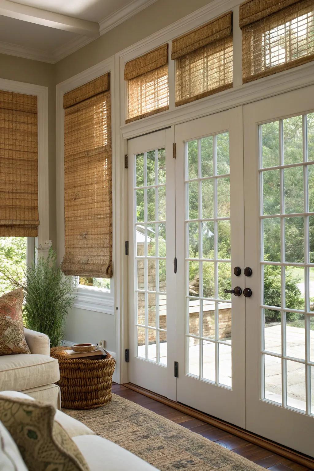 Bamboo shades add texture and privacy to door windows with a natural touch.