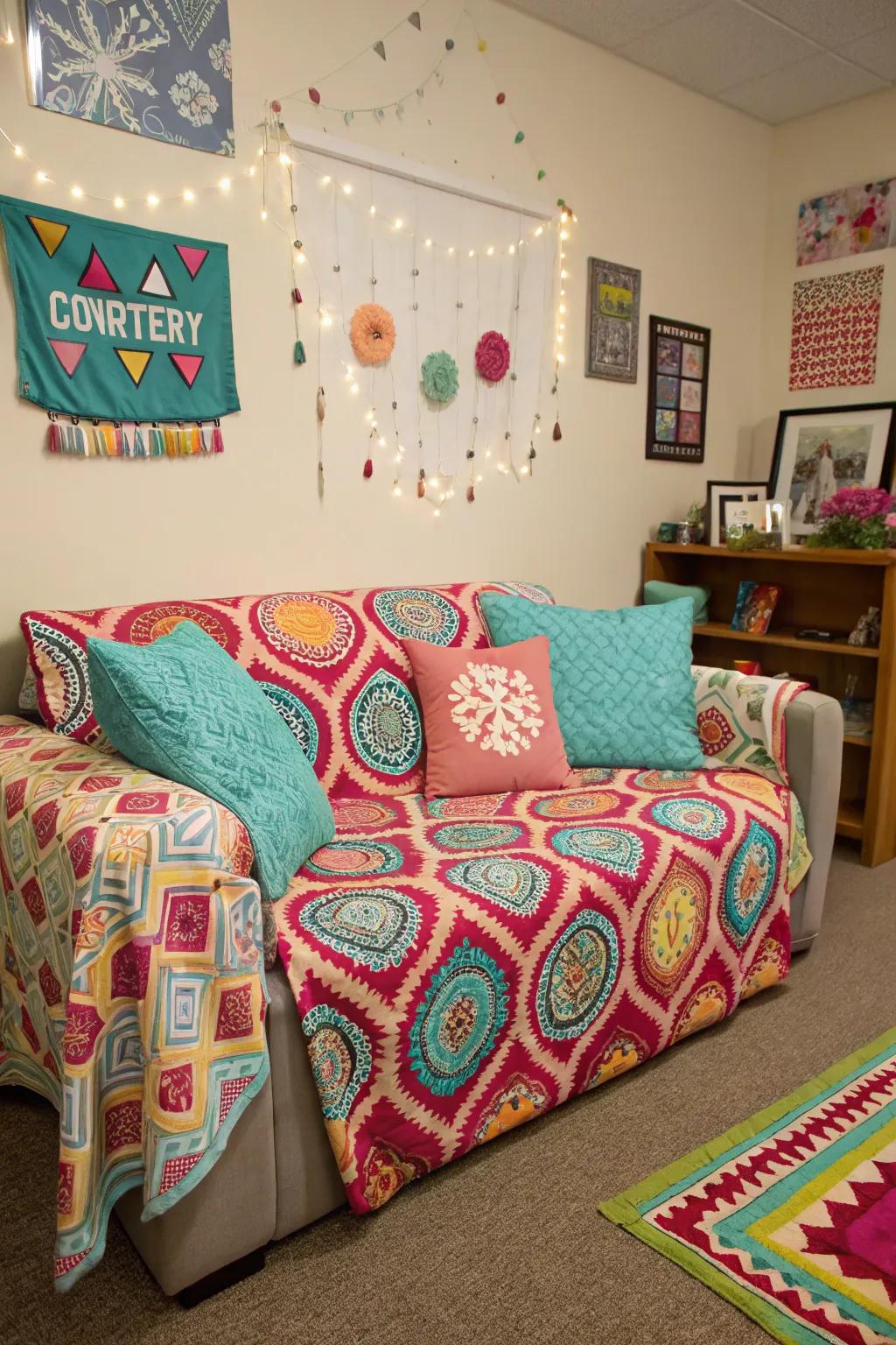Unique couch covers add a personal touch to this dorm room.