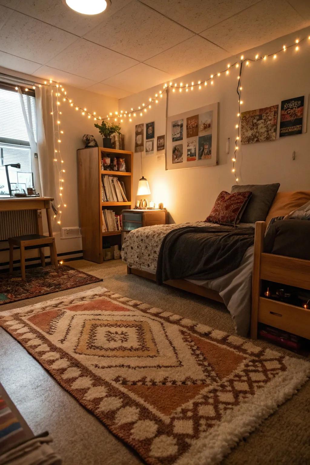 A cozy rug adds warmth and texture to the dorm room.