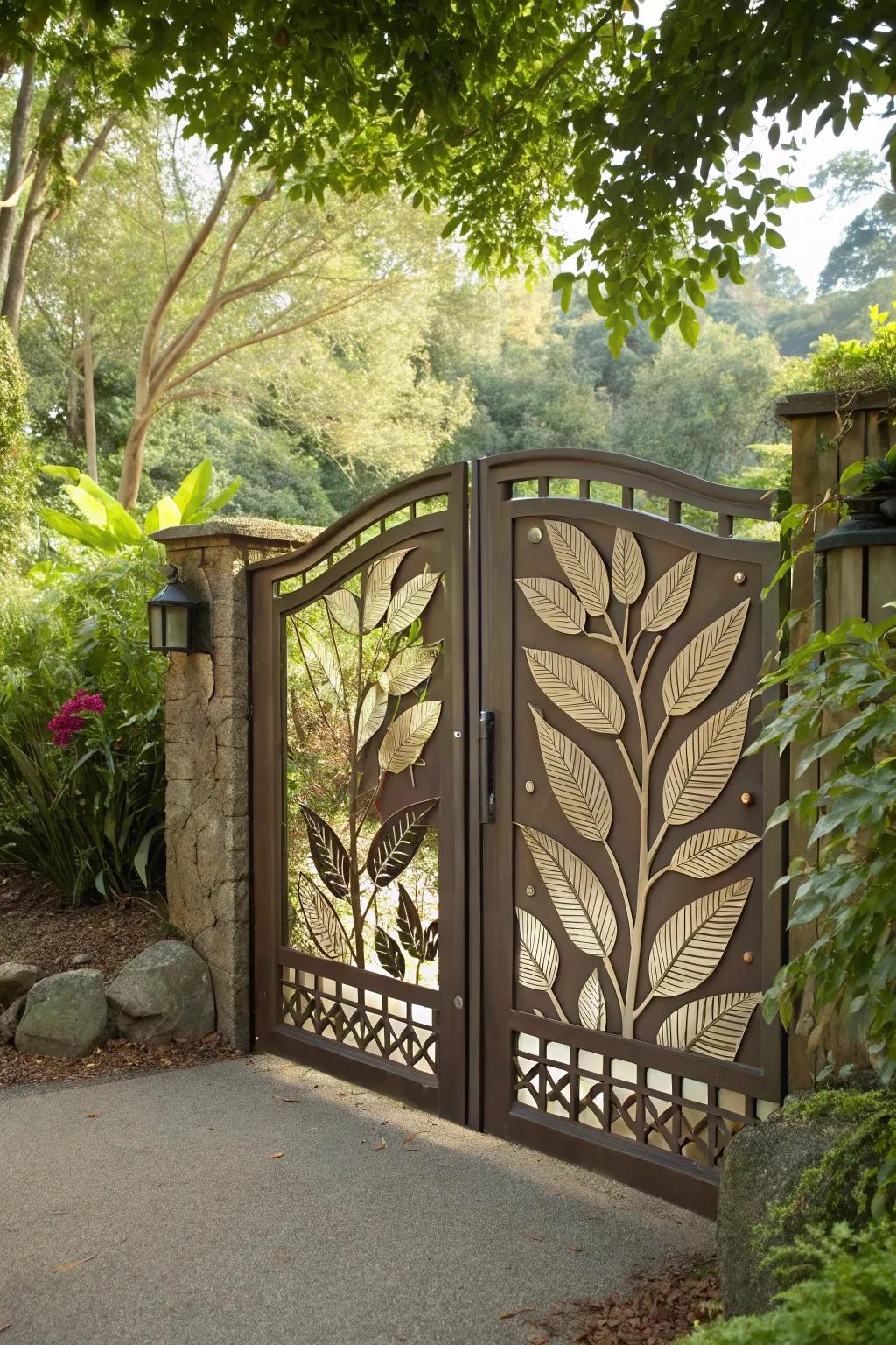 Artistic decorative cutouts on a gate harmonizing with nature.