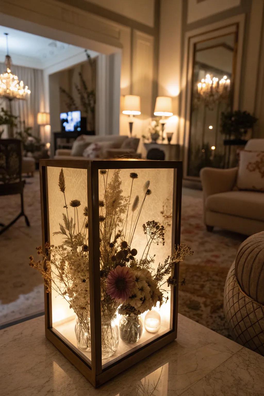 Illuminate your decor with a softly lit dried flower shadow box.