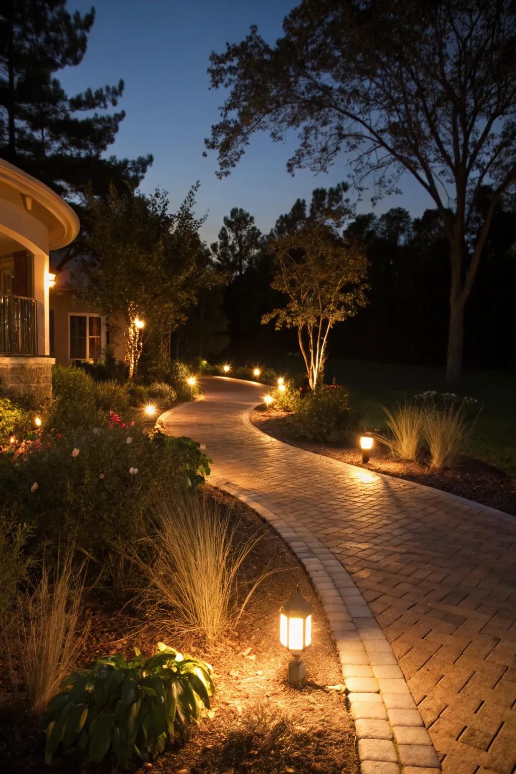 Pathway lighting enhances the berm's evening allure.