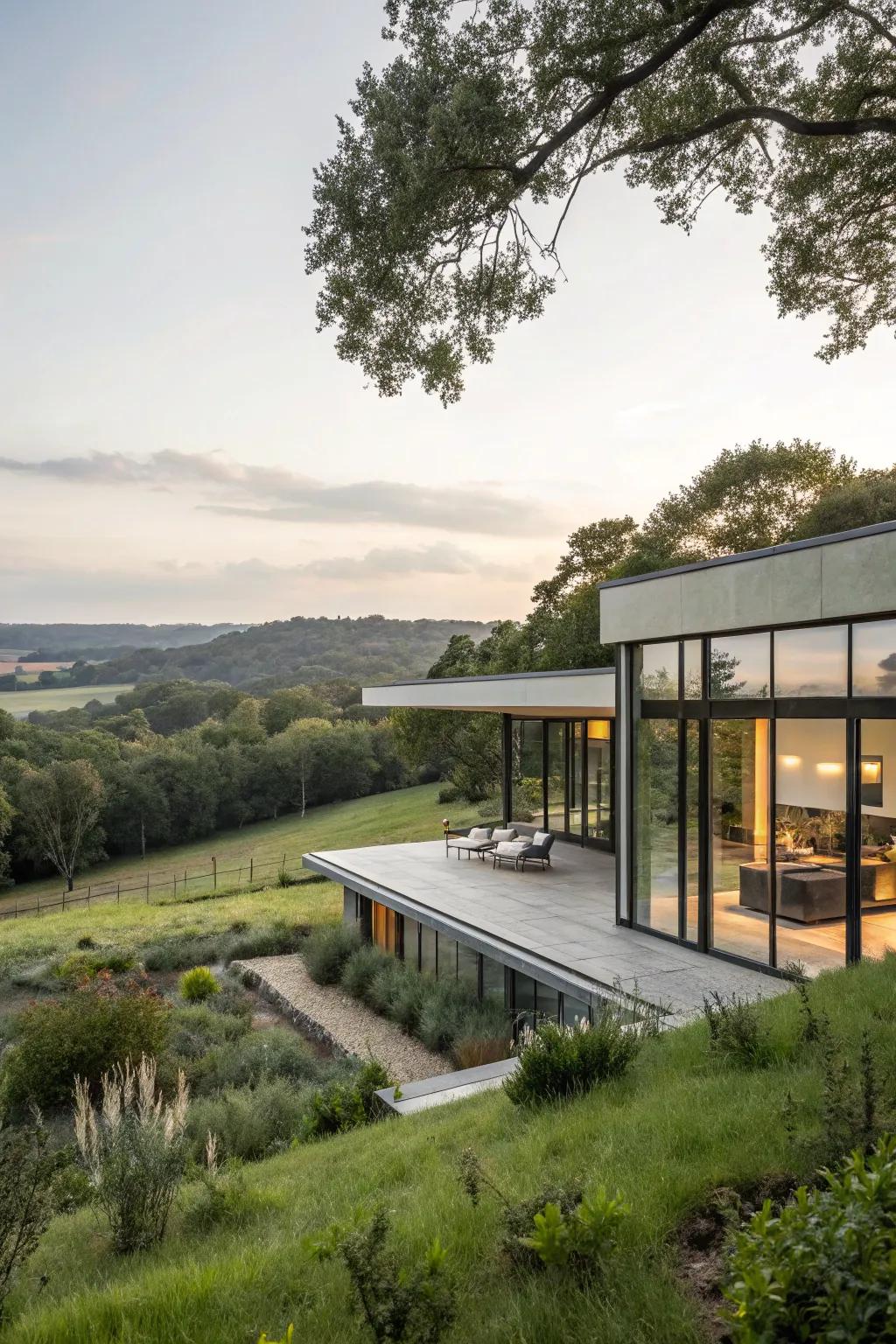 A home with a striking architectural design, beautifully integrated into the natural landscape.