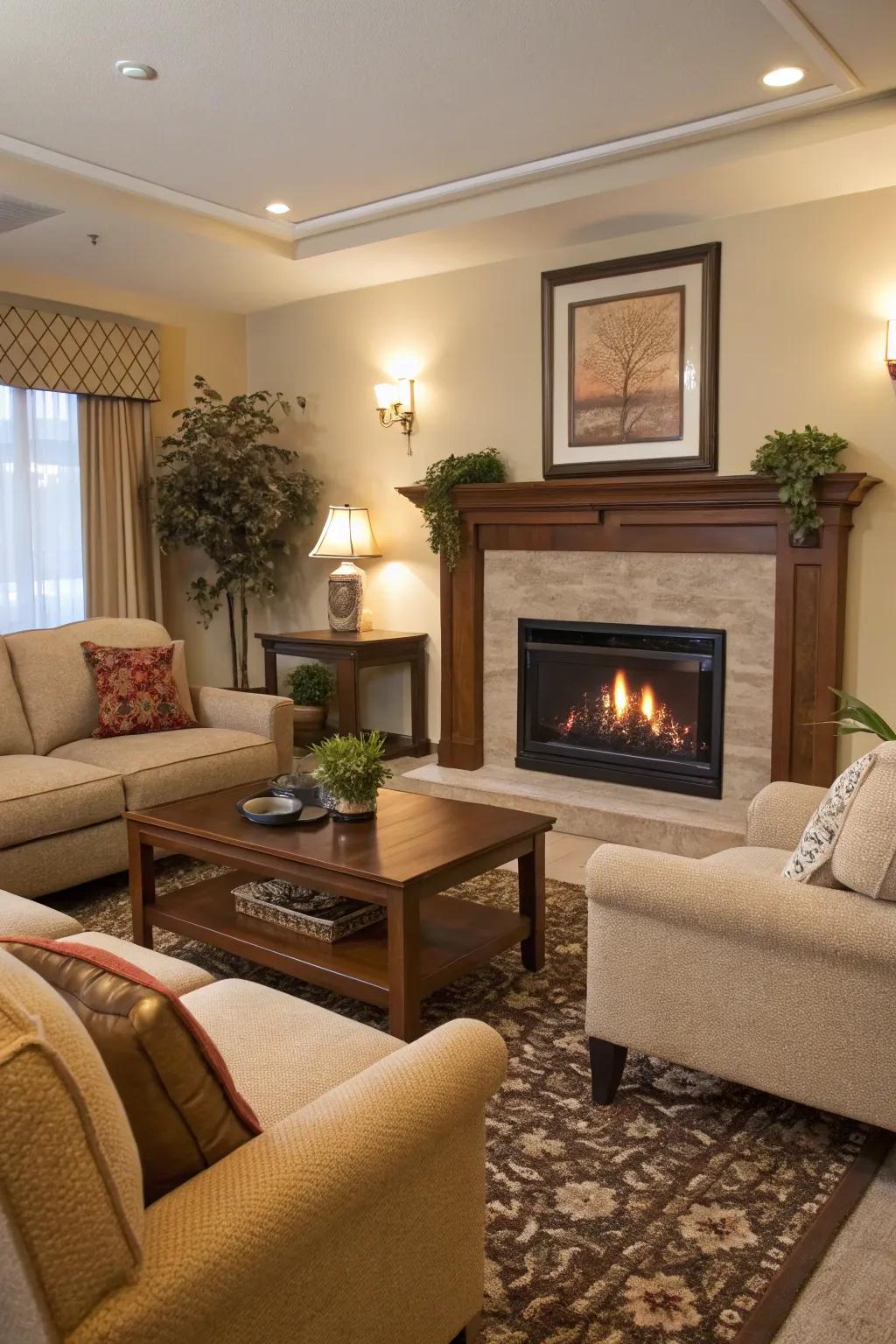 A living room with an electric fireplace and harmoniously arranged furniture.