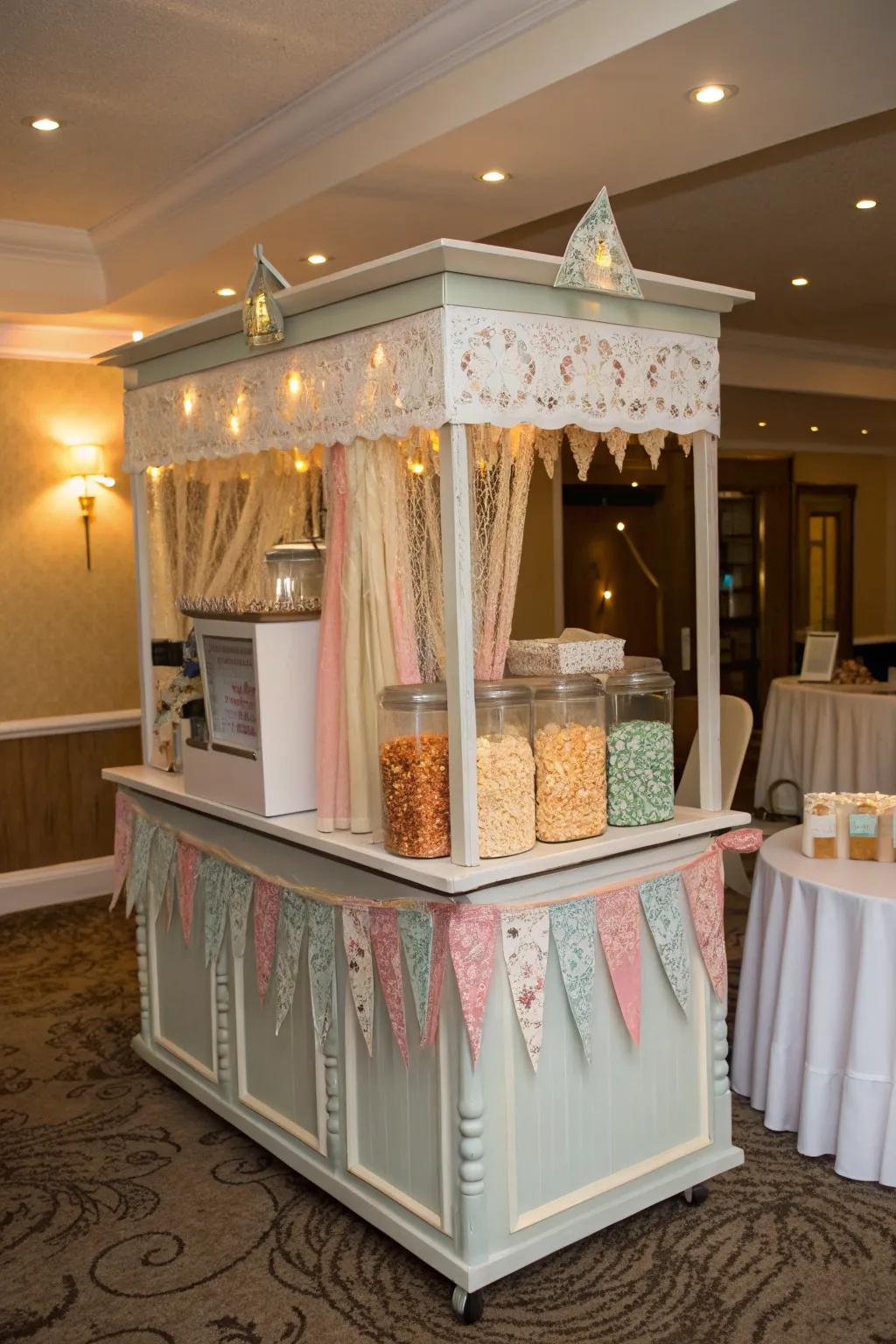 A neatly organized popcorn bar, inviting guests with its stylish and accessible setup.