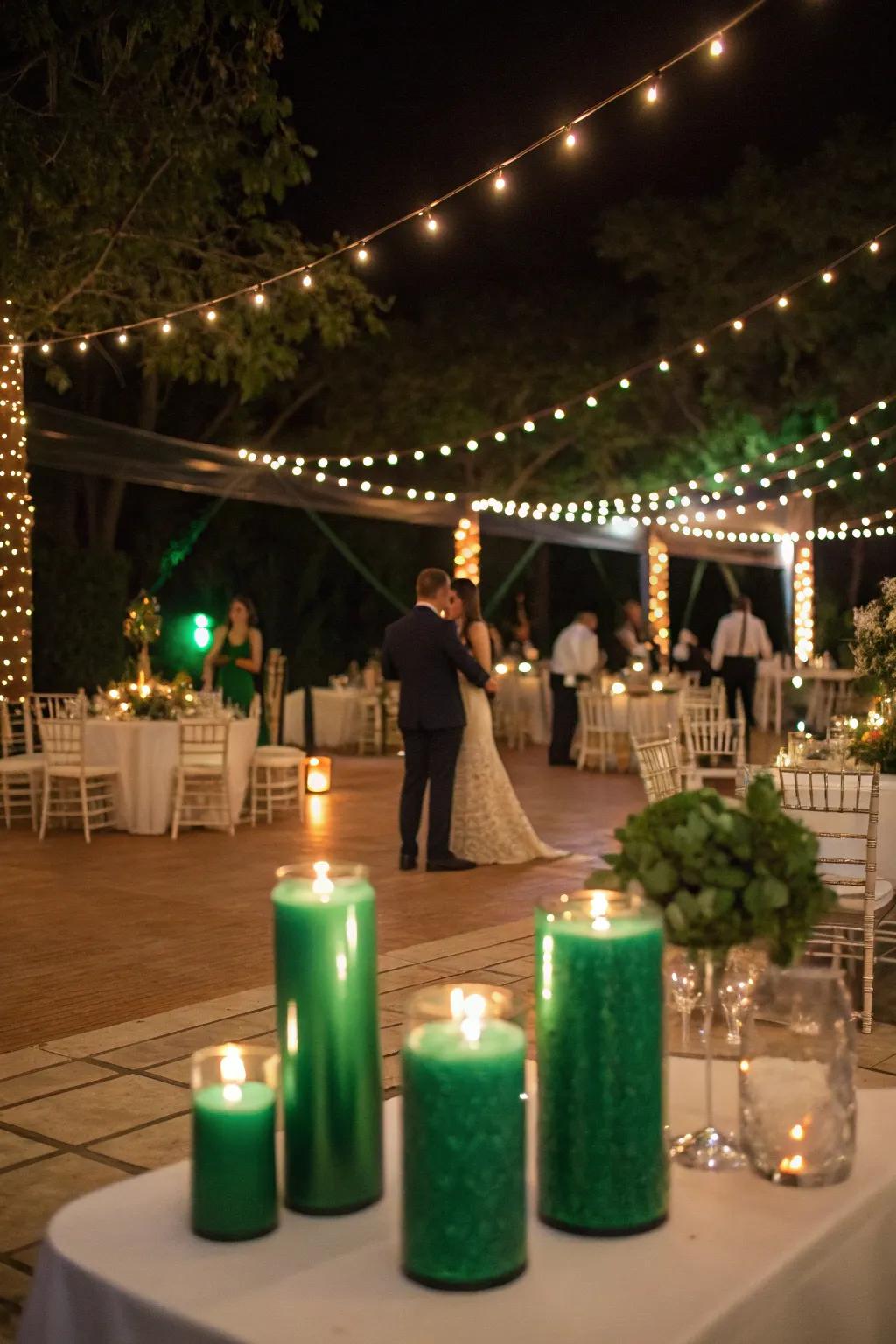 Romantic lighting featuring emerald green candles.