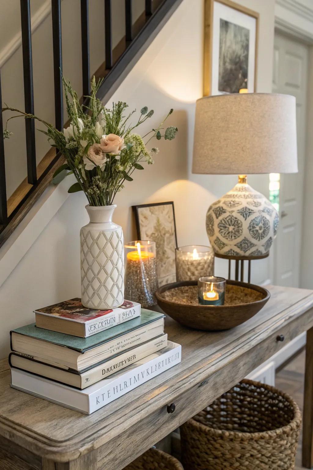 Books add depth and can elevate other decor pieces.