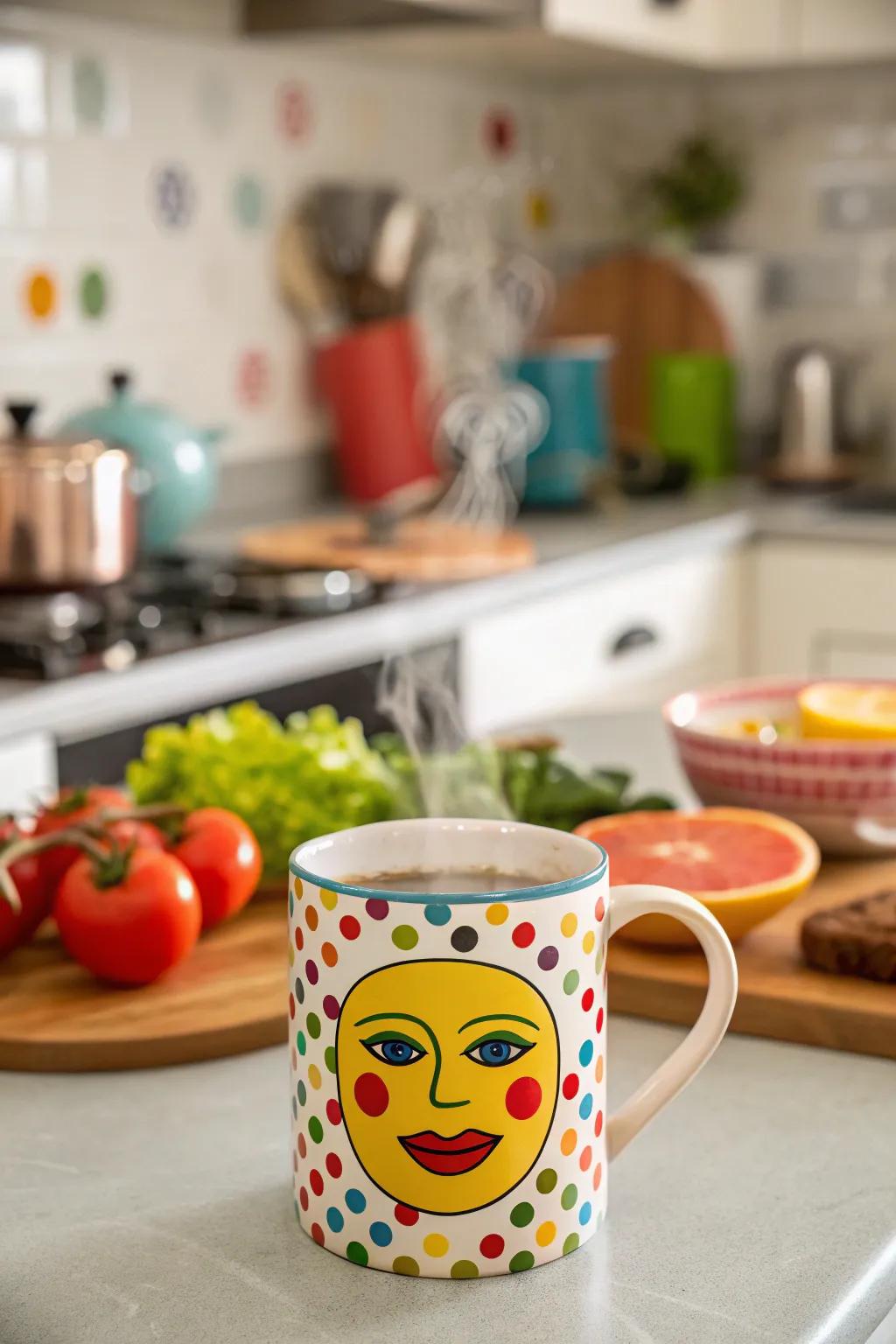 A vibrant face mug that injects a burst of color into any kitchen setting.