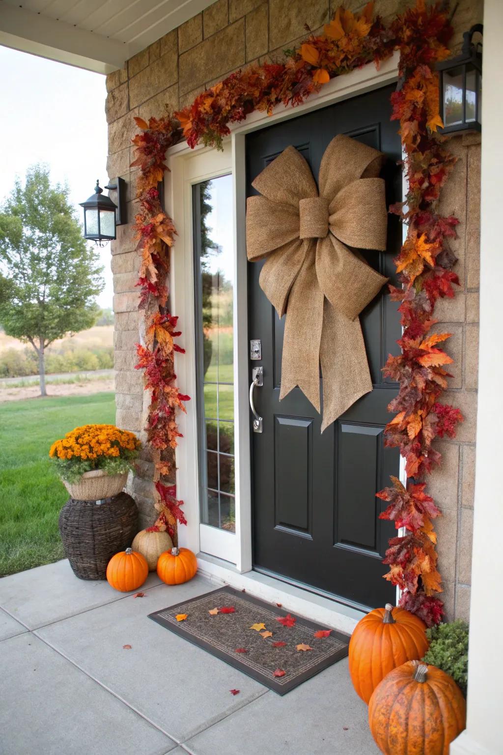 Burlap bows add a rustic touch to a fall-decorated door.