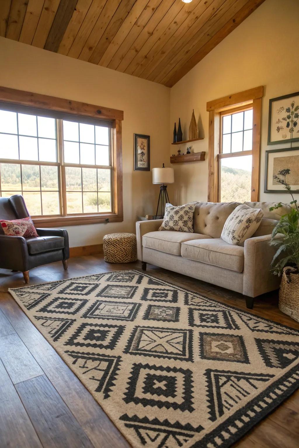 Geometric patterns add a modern flair to farmhouse decor.