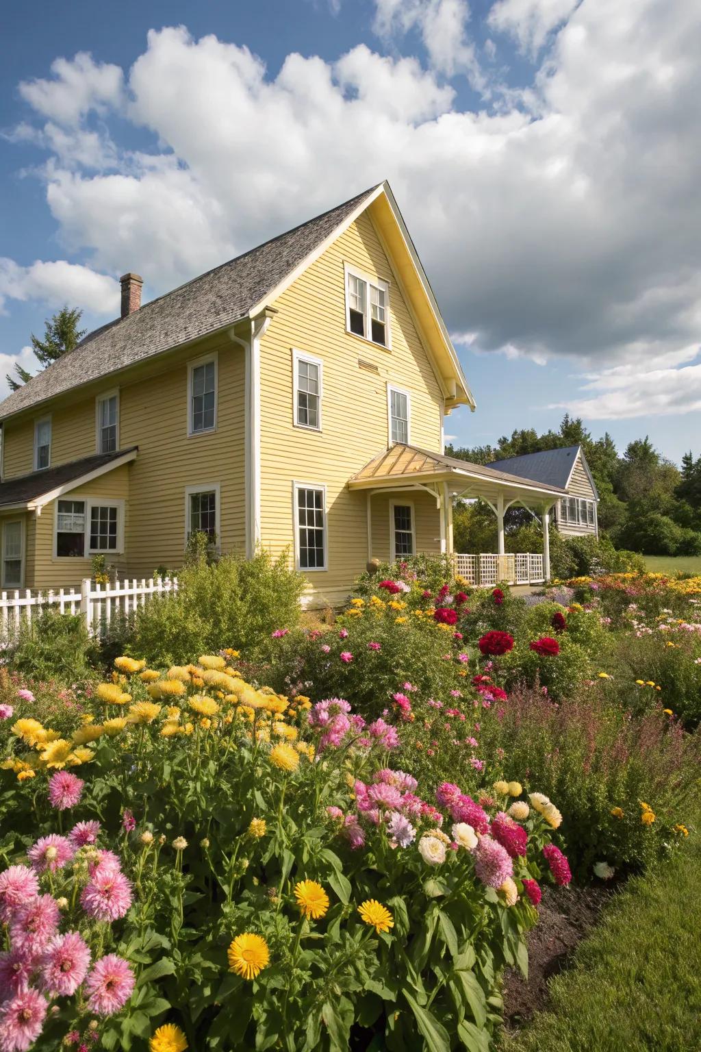 A sunny yellow farmhouse radiates warmth and cheer.