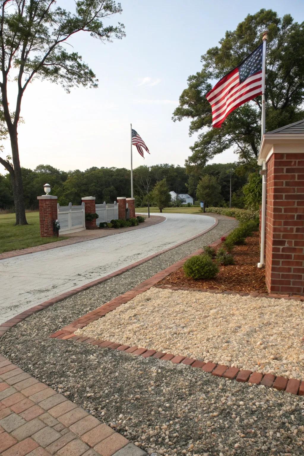 A flag lot driveway featuring an interesting mix of brick and gravel surfaces.