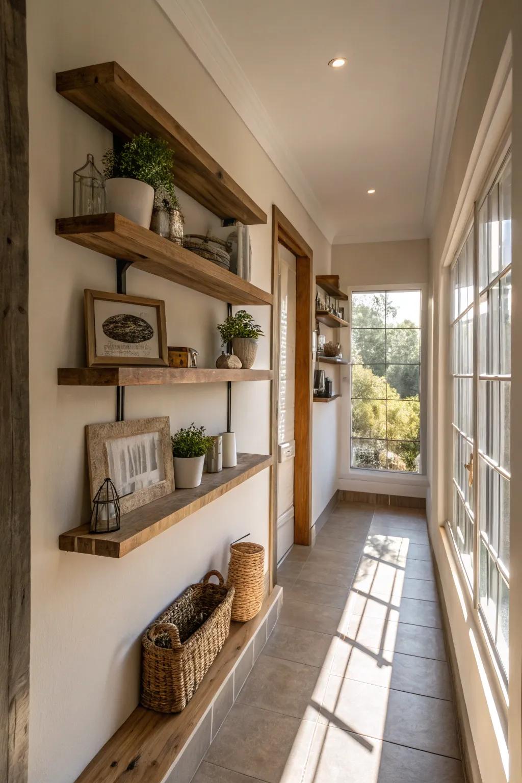 Enhance your hallway with the natural light on floating shelves.