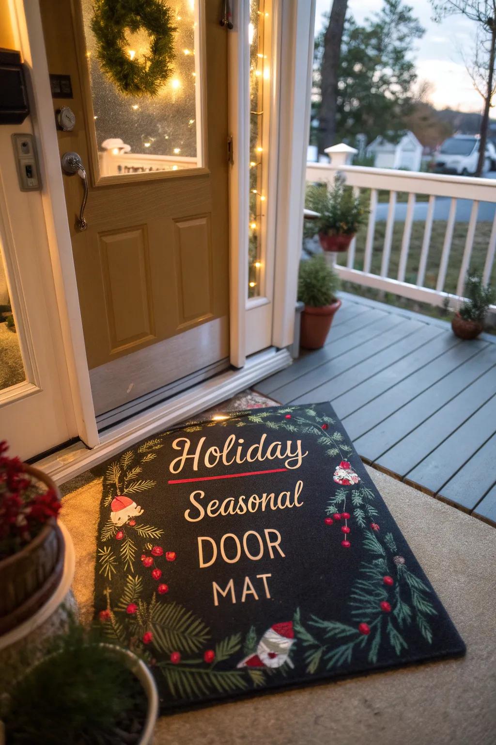 A playful seasonal door mat with a holiday greeting.