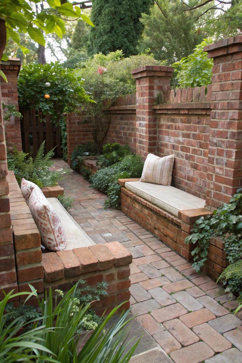 Brick seating areas invite relaxation within the garden.