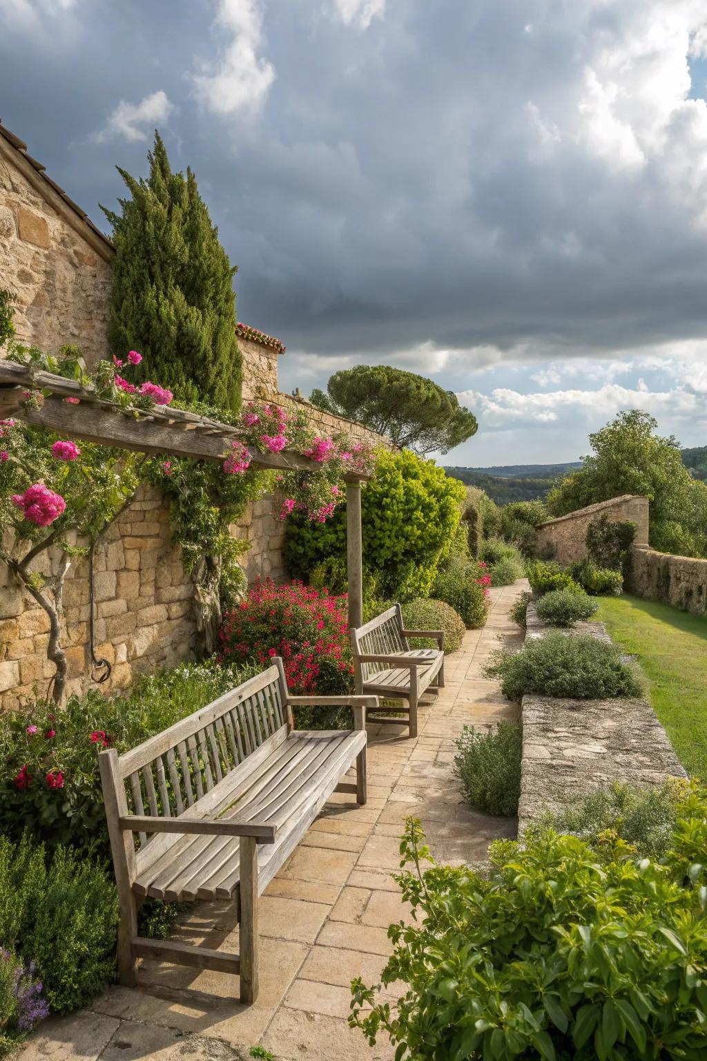 Wood and stone create a harmonious, rustic feel in this Mediterranean-inspired yard.