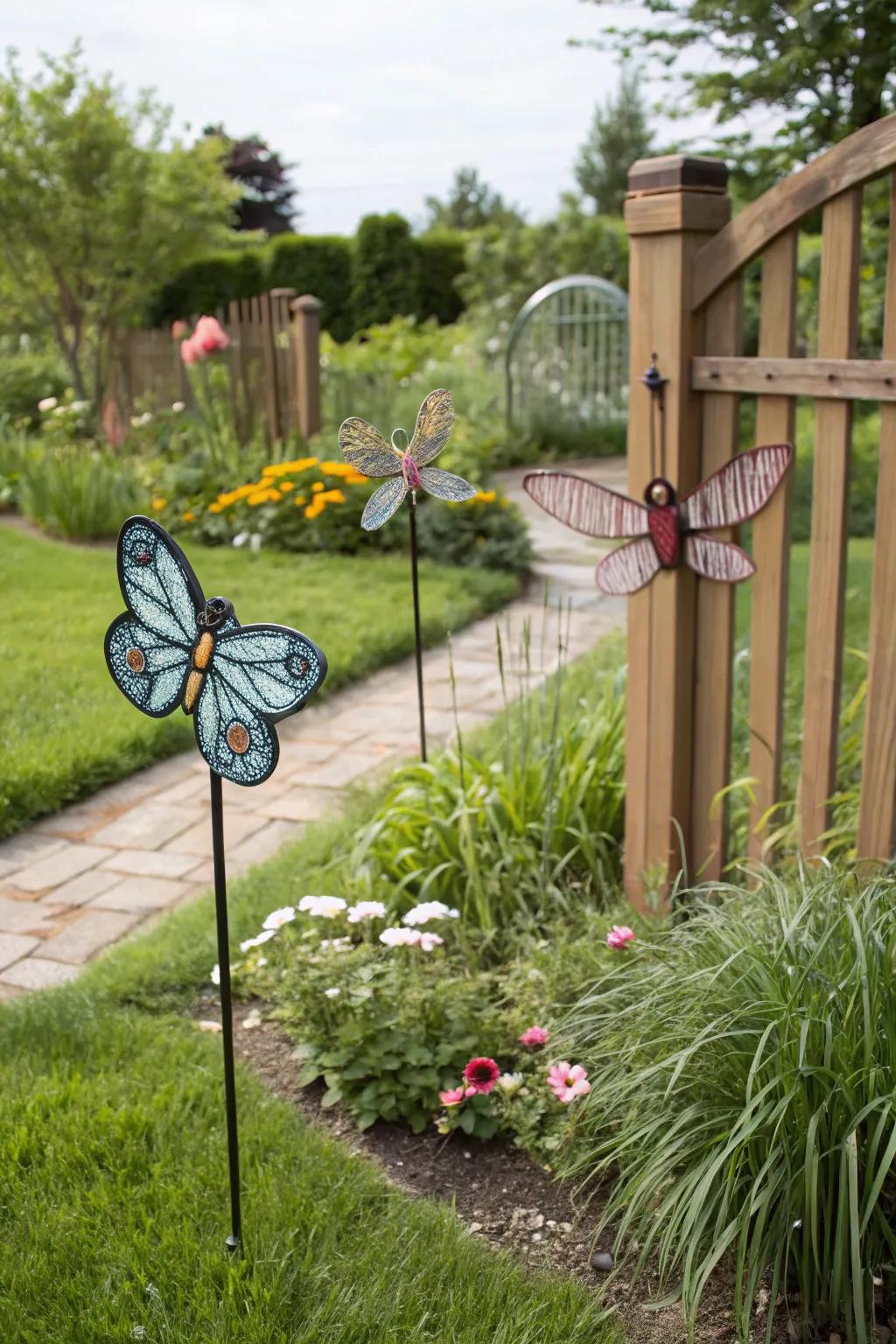 Insect figures bringing a playful touch to the blooms.