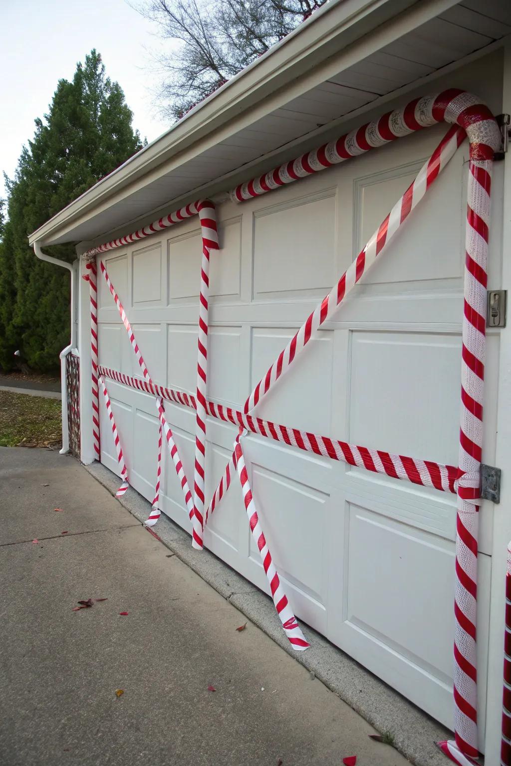 Garage door decorated with candy cane stripes and a garland.
