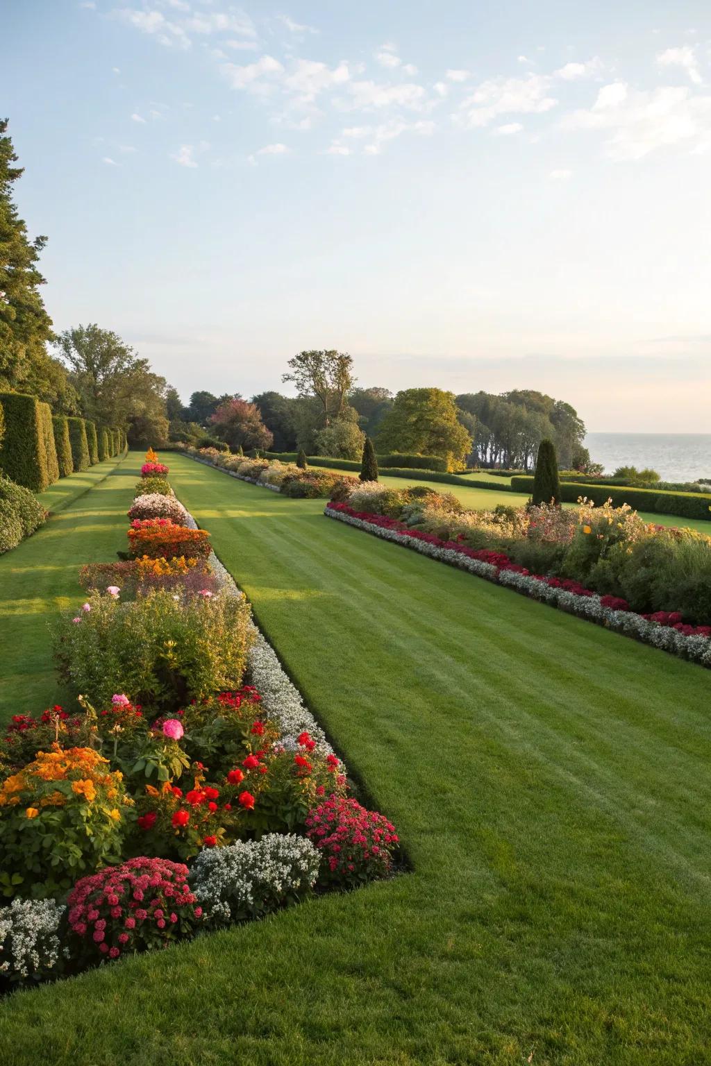 A perfectly manicured lawn with well-defined edges and vibrant flower beds.