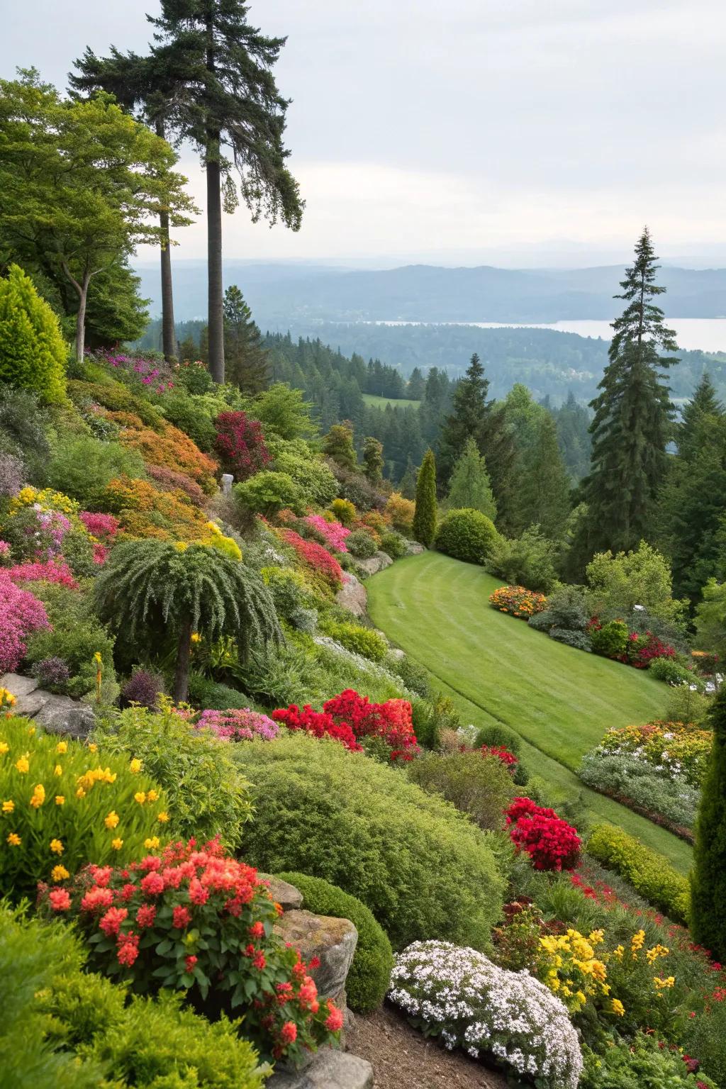 Diverse vegetation brings vibrancy and color to a sloped garden.