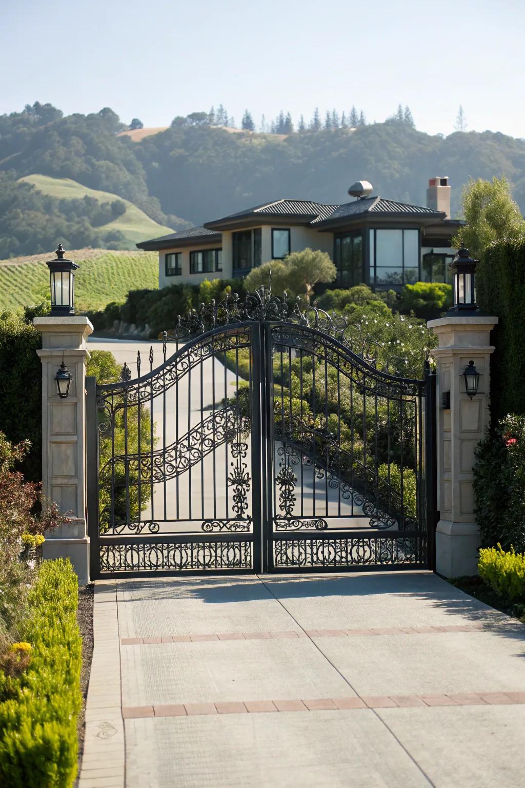 A grand gate sets the stage for an impressive driveway.