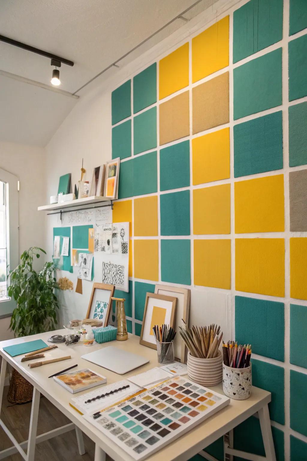 A studio with a vibrant geometric wall of mixed rectangles.