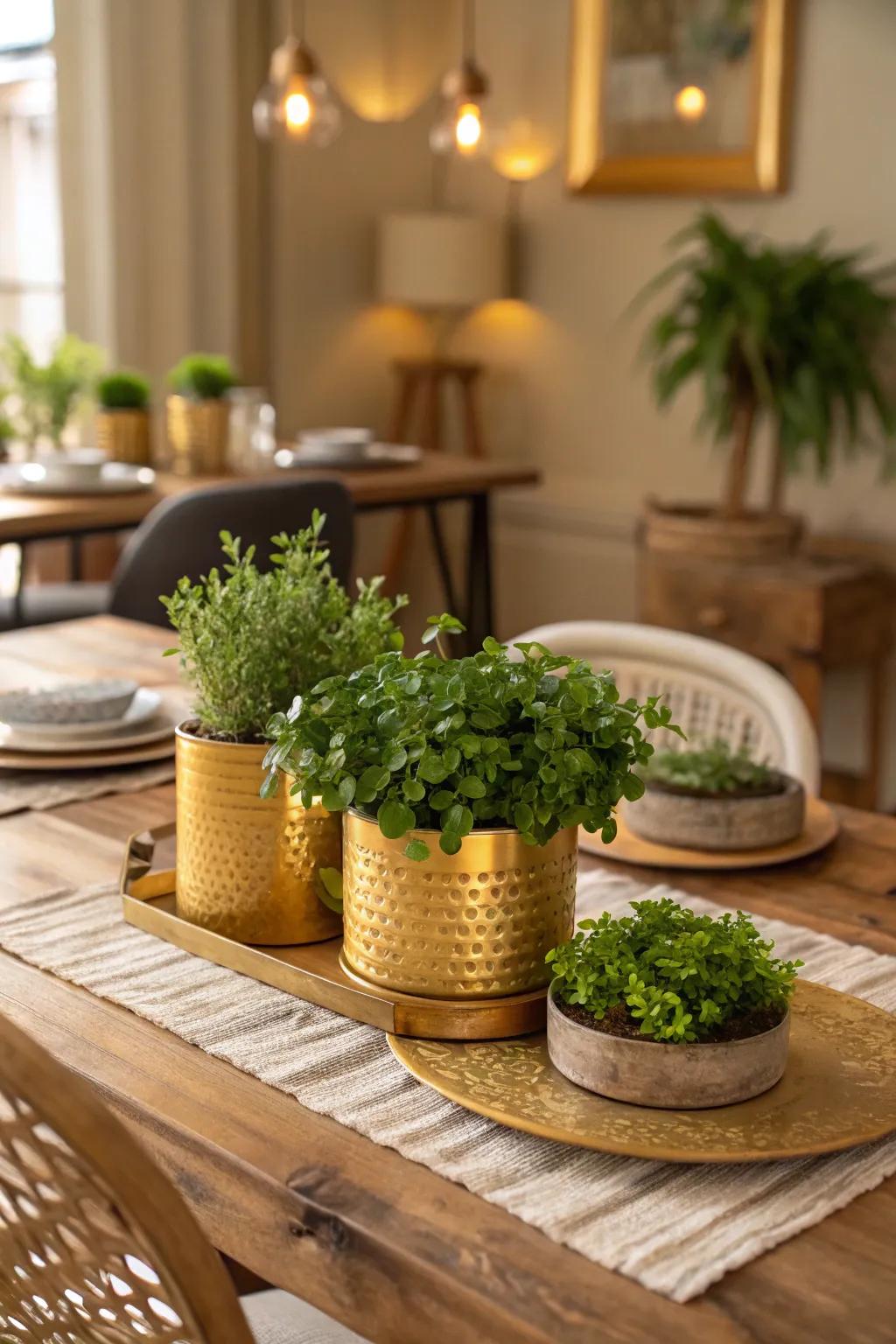 Fresh and vibrant gold and greenery arrangements.