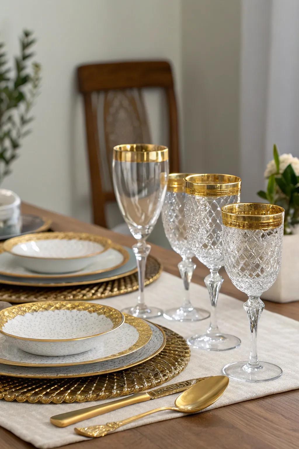 Lavish gilded-edged glassware upgrading the dining sensation.