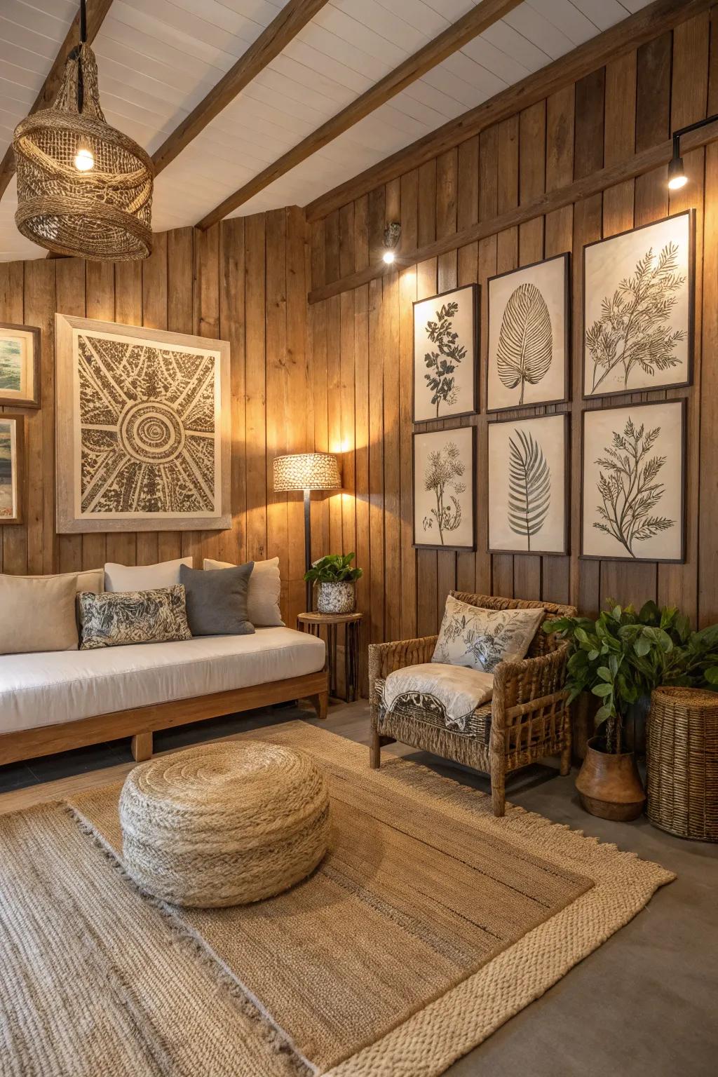 Wooden art providing warmth and texture to the space.