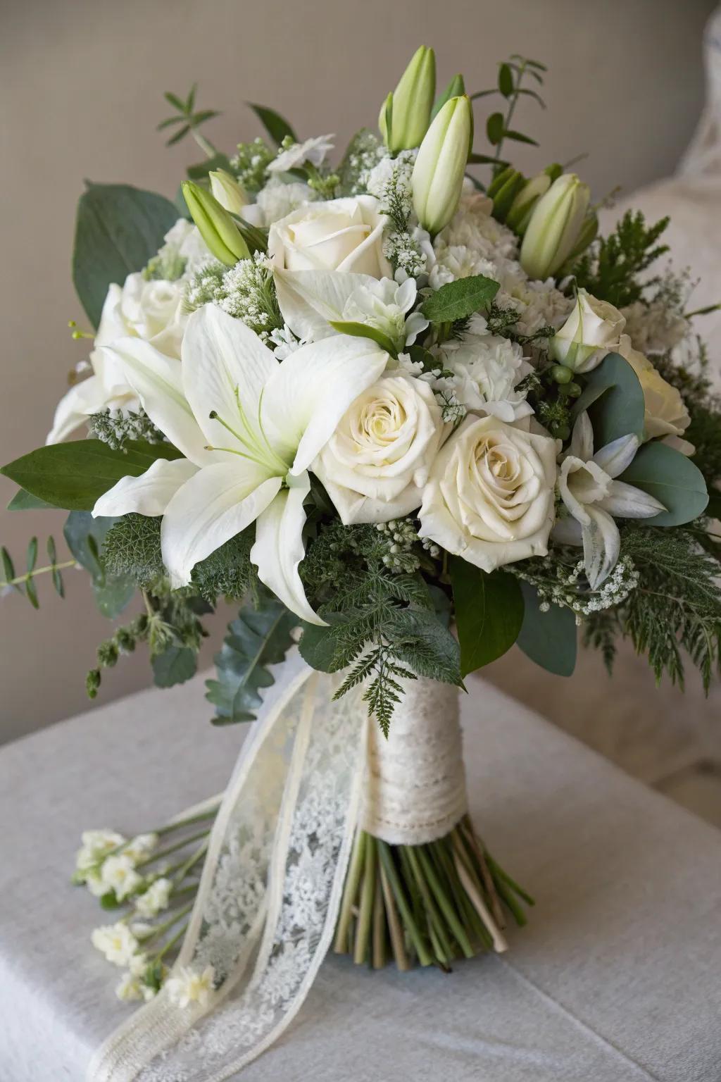 An elegant white bouquet for a classic graduation gift.