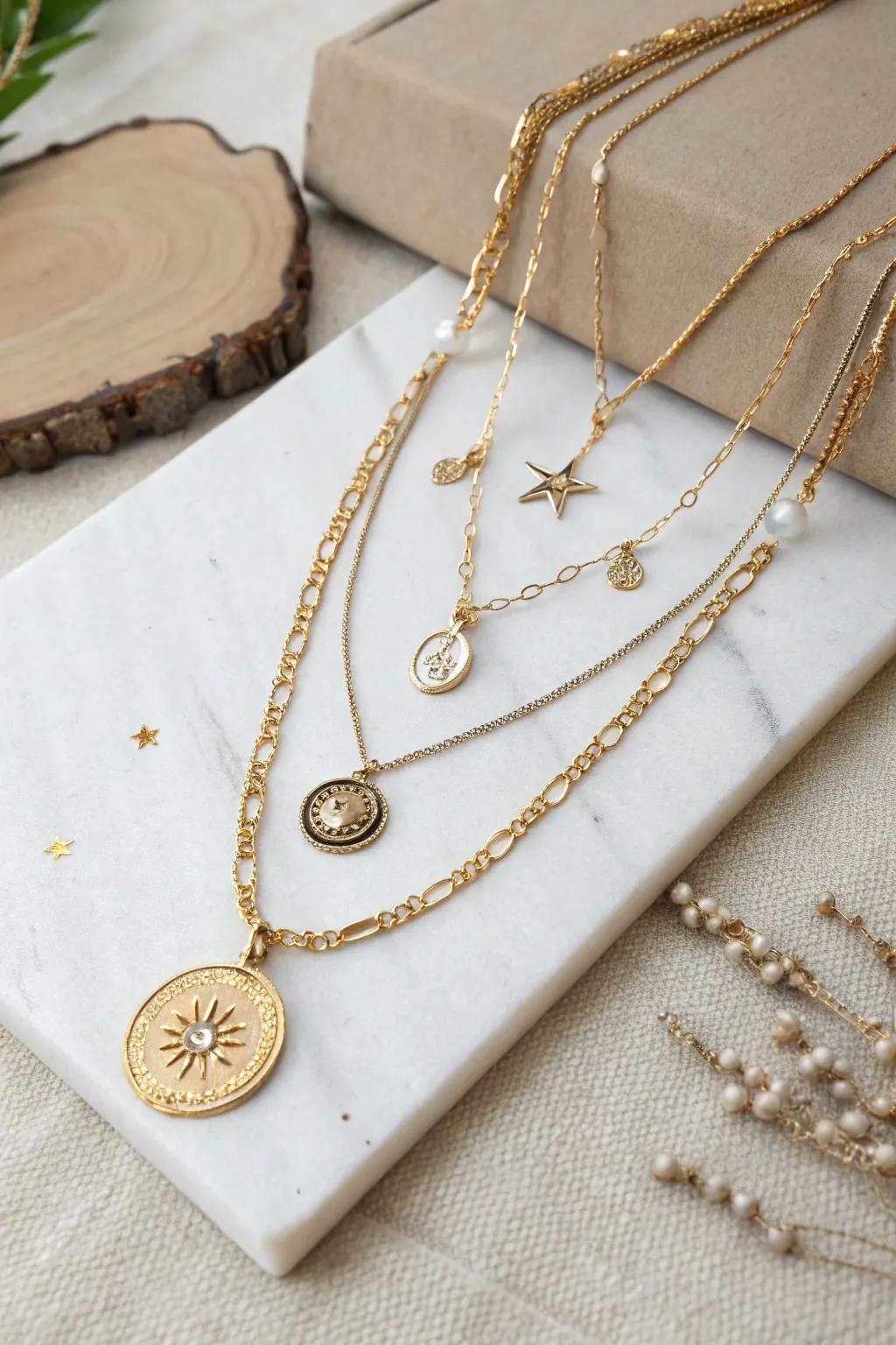 Stylish layered necklaces with personalized elements.