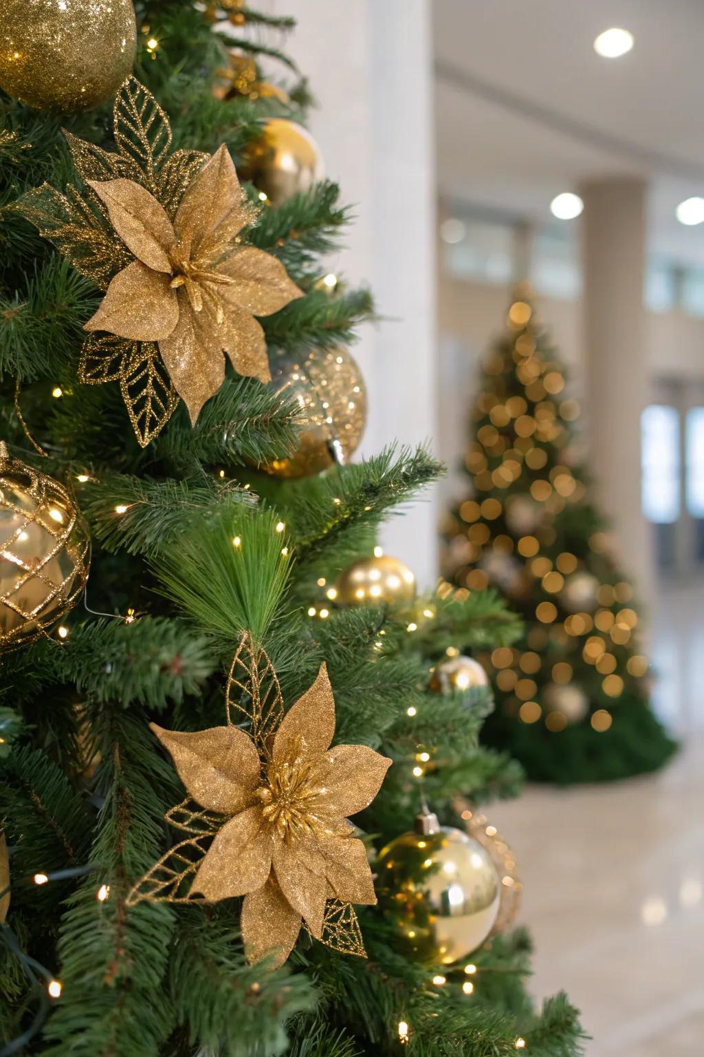 Green foliage and gold floral elements on a tree