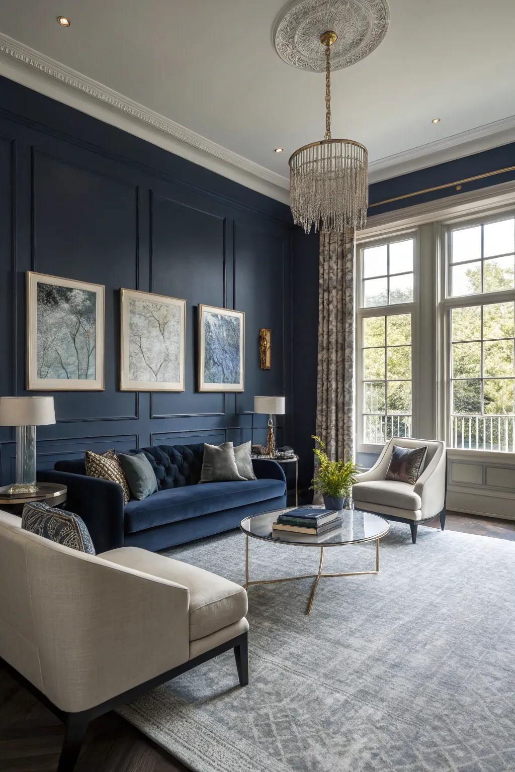 Navy blue walls create a striking contrast with grey carpets.