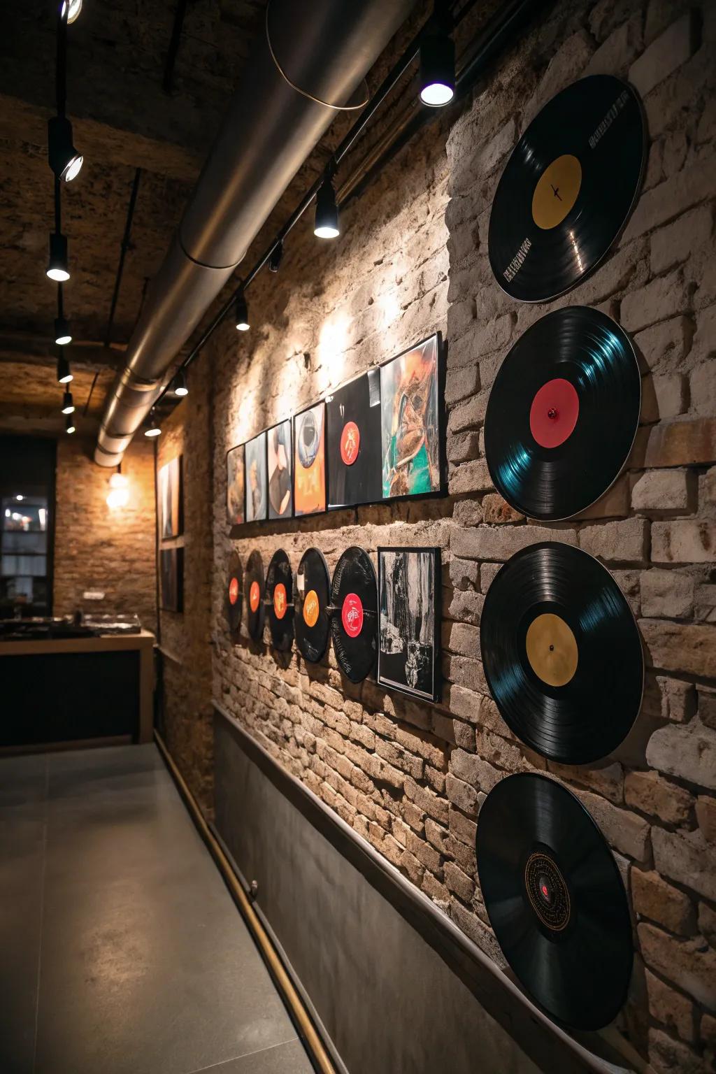 Vinyl records introduce a retro and artistic vibe to the decor.