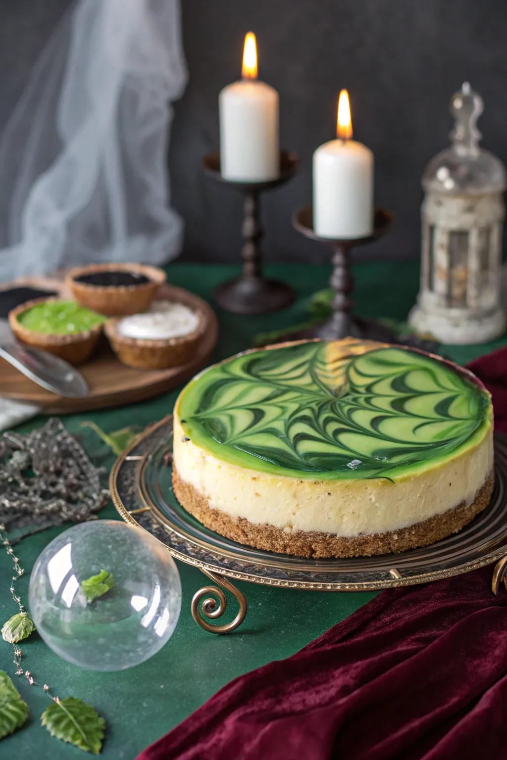 An enchantress’s brew sheen imparts a spellbinding element to this cheesecake.