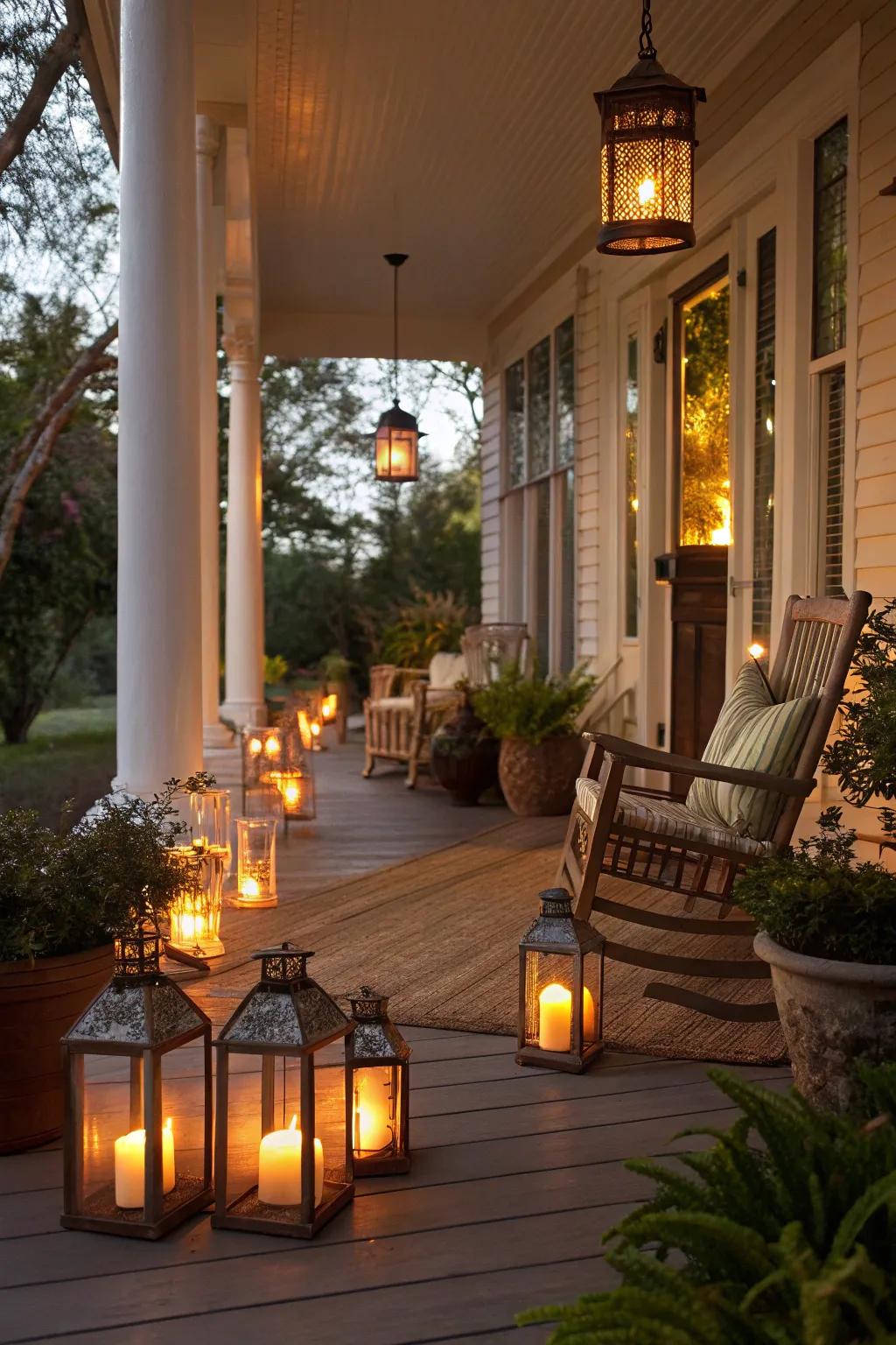 Enchanting lanterns cast a cozy glow on this Halloween porch.