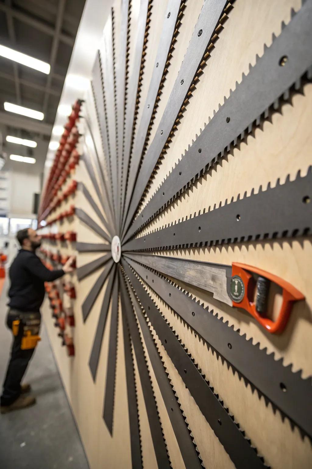 Handsaws arranged in a windmill design as a showpiece.