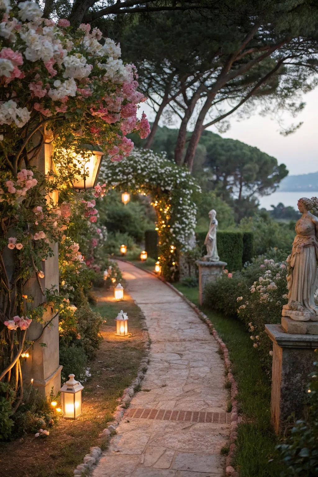 Outdoor lighting enhances the garden's beauty at night.