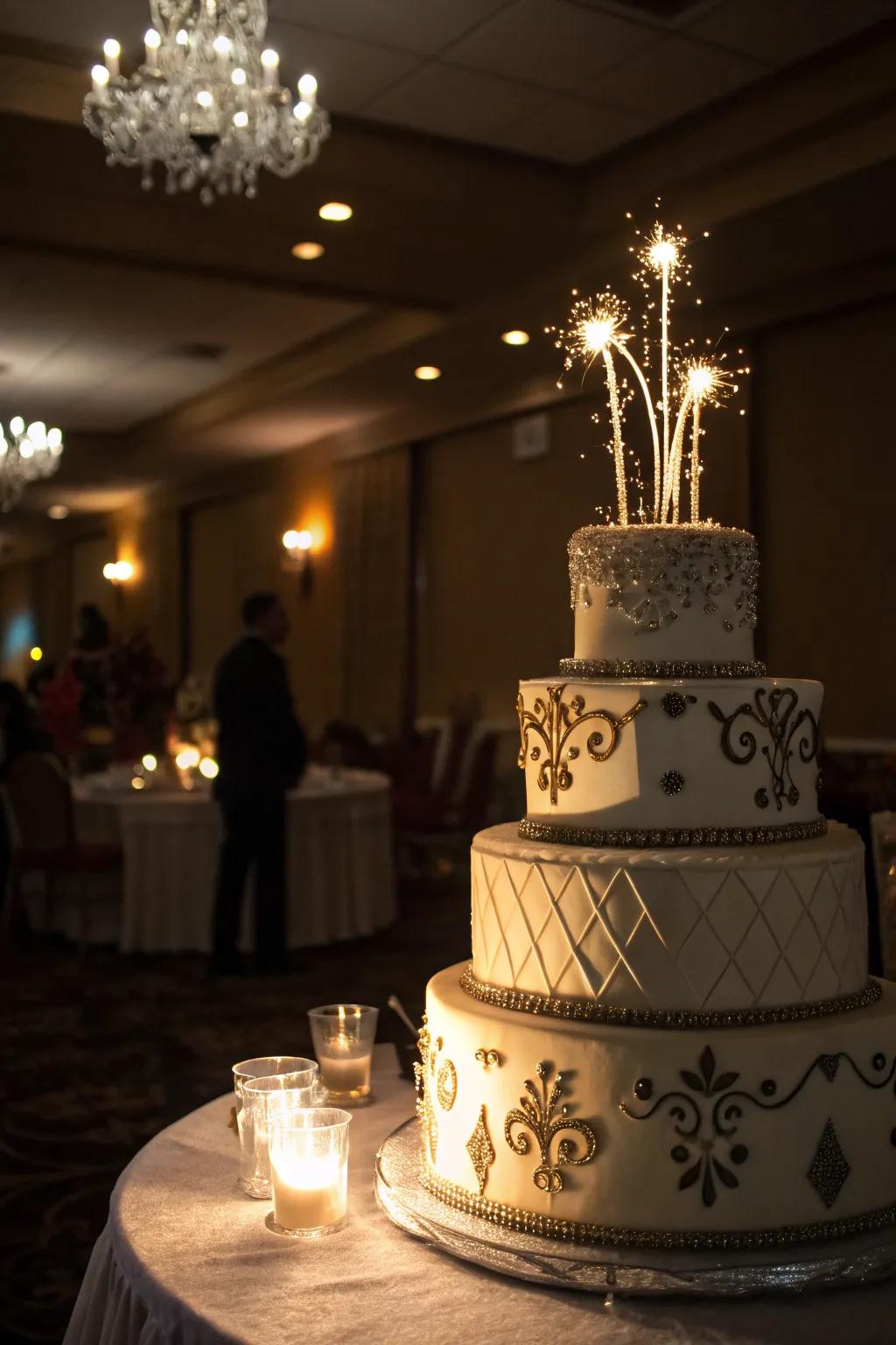 Spotlights cast a dramatic glow on this Hollywood-themed cake.