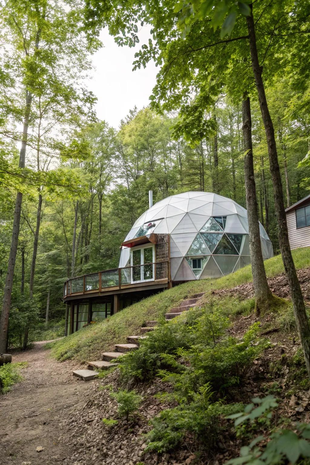 A geodesic structure house offering a unique outline in the woods.