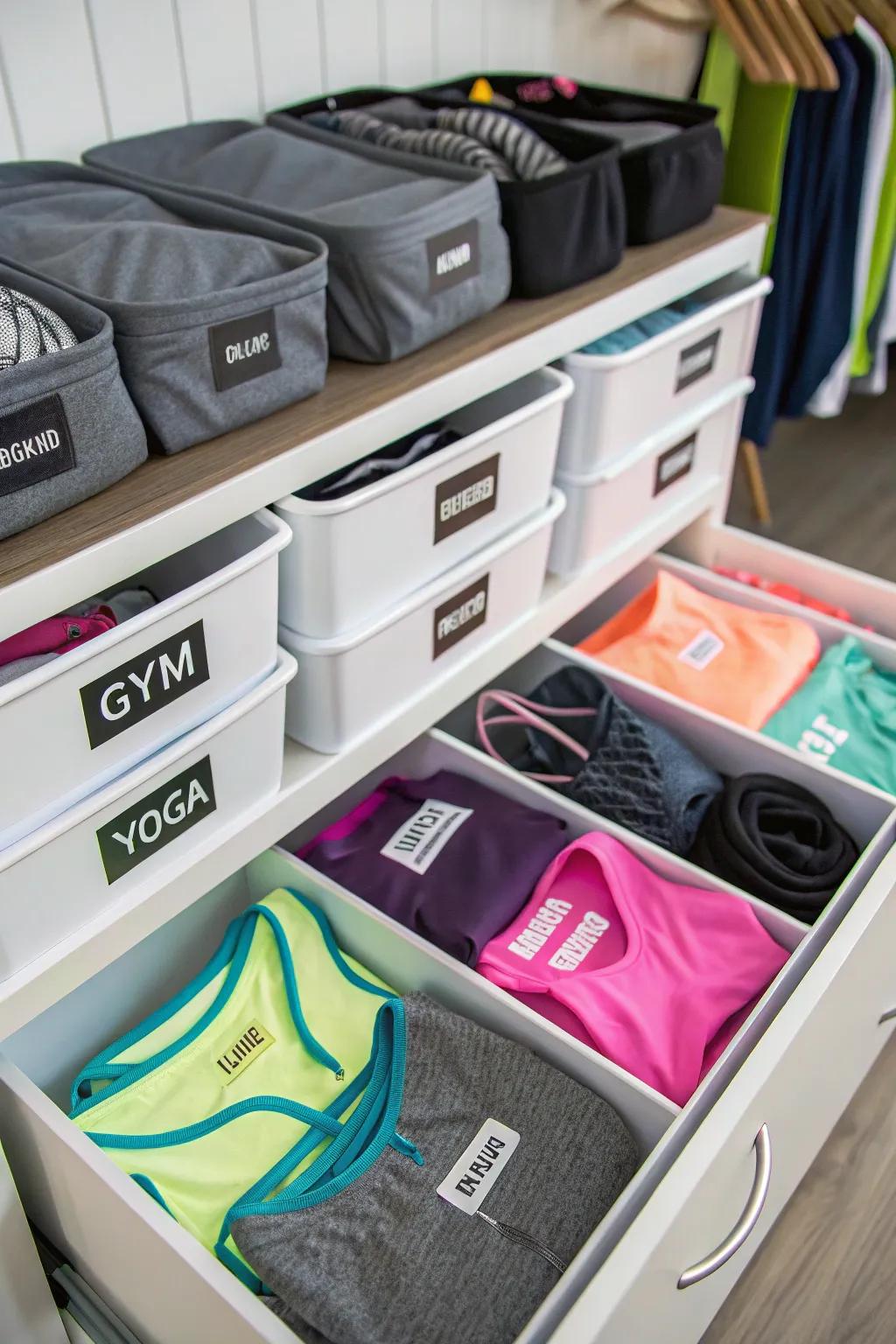 Labeled storage making workout gear easy to find.