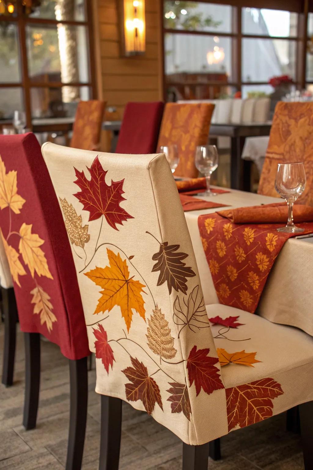 Periodic style with autumnal-themed chair wraps.