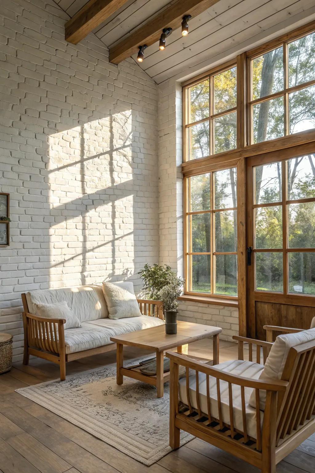 A bright and airy living space featuring a white-painted brick facade, enhancing an expansive and breezy atmosphere.