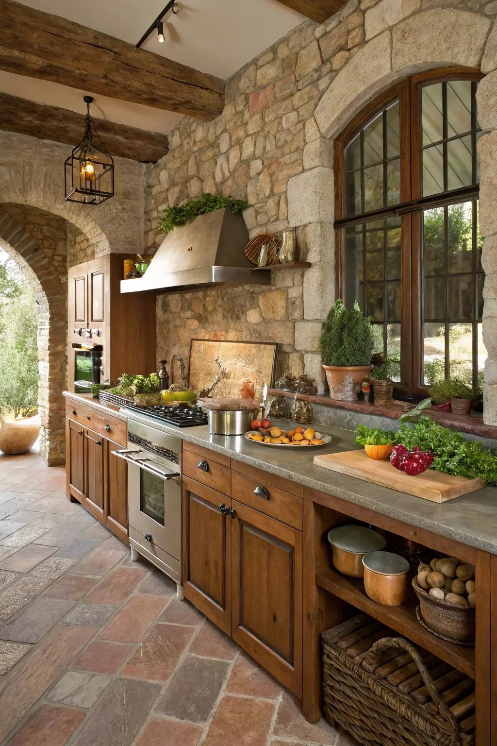 A harmonious blend of elements incorporates texture to this kitchen.