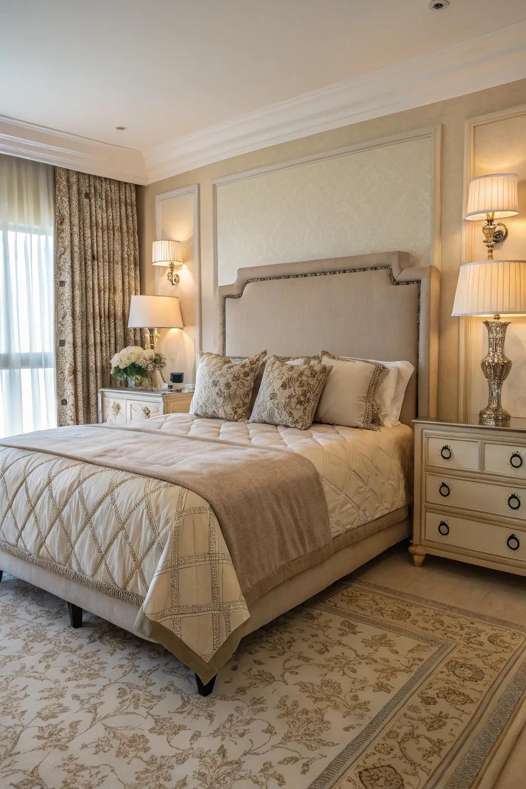 Matching bedside tables and lamps add harmony and function to this king-sized bed setup.