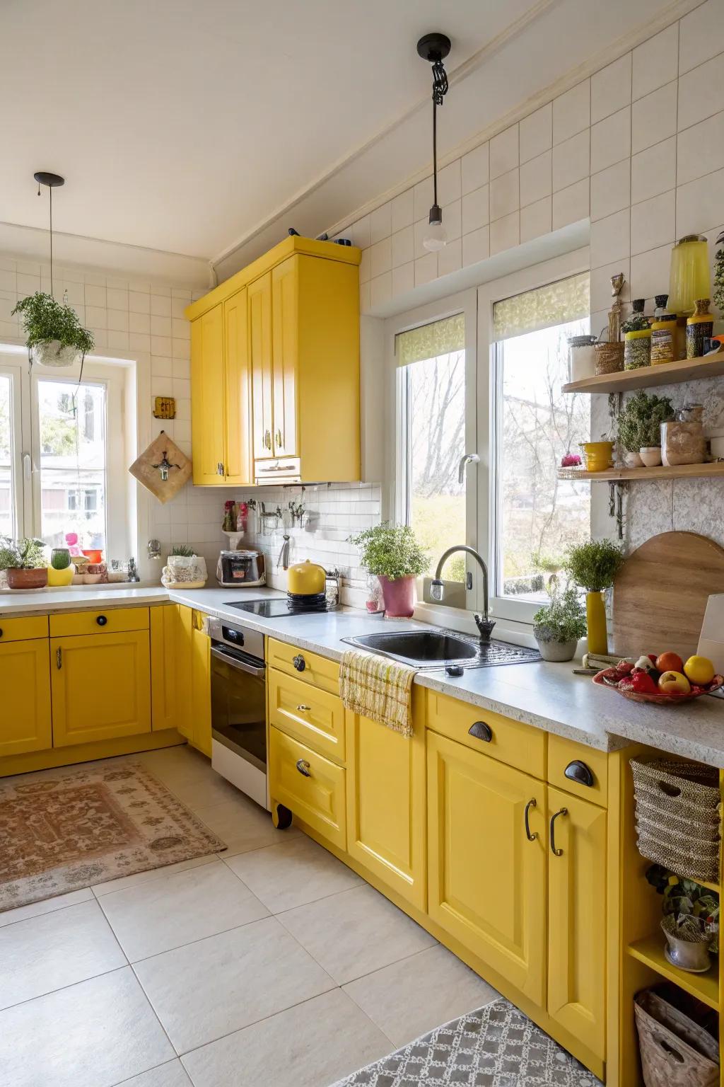 Vibrant yellow highlights bring a cheerful energy to the kitchen.