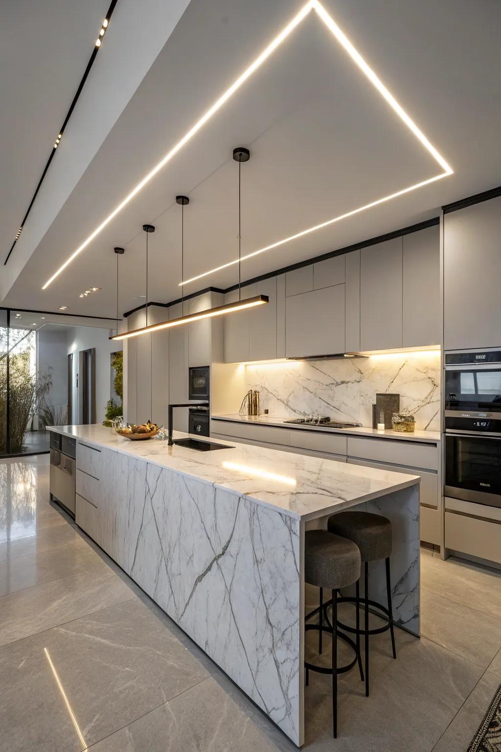 Linear lighting provides a sleek and modern look above the island.