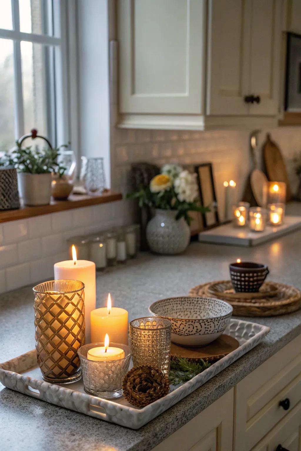 Candles bring warmth and coziness to your kitchen vignette.