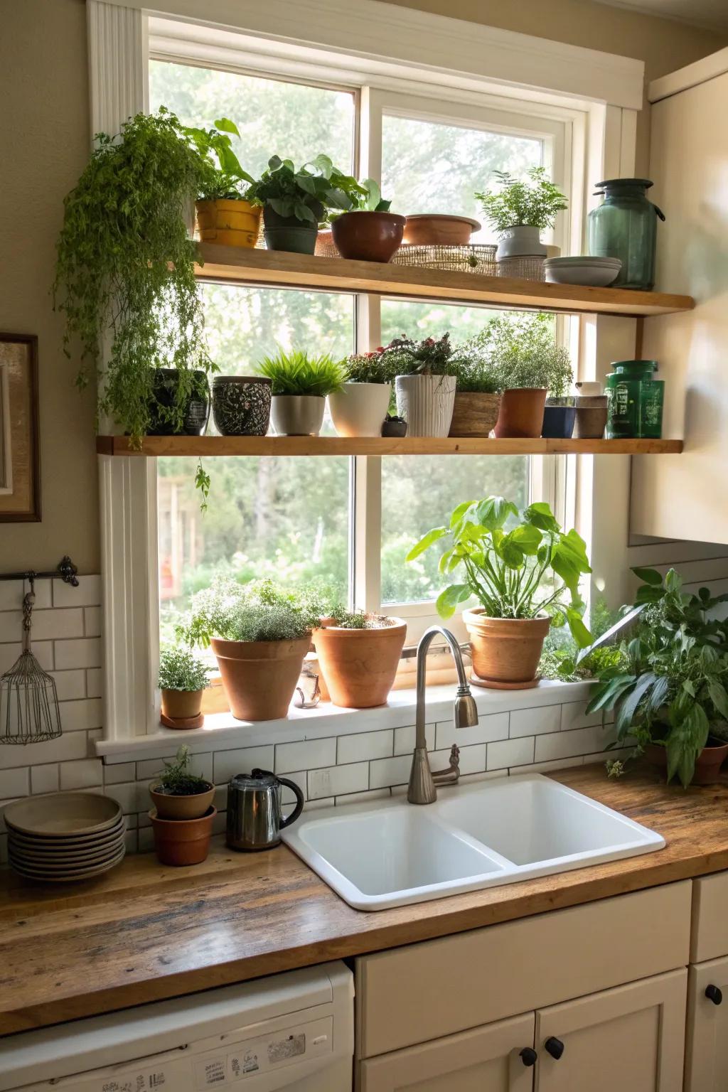 Built-in shelving located under a kitchen window, decorated with beautiful plants.